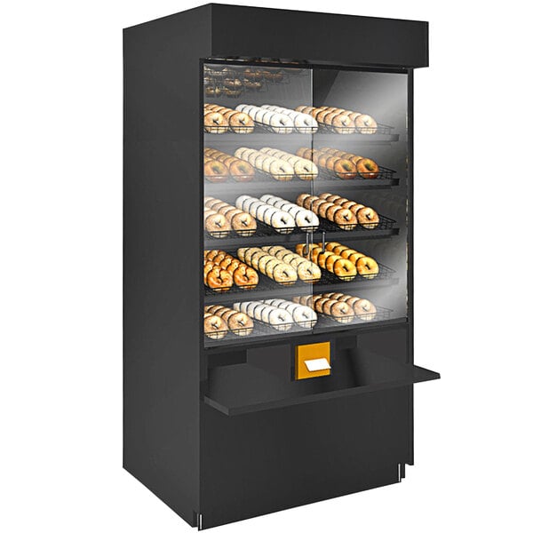 a display case with donuts on it