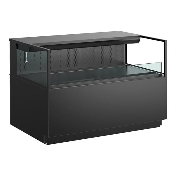 A black Structural Concepts refrigerated self-service air curtain merchandiser with a glass top.