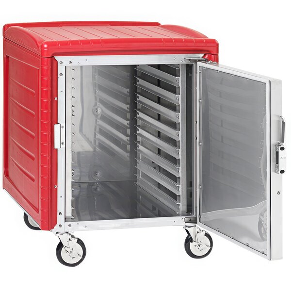 A red and silver Metro C5 half size food storage cabinet with a clear door.