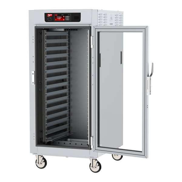 A large metal Metro holding cabinet with a clear glass door.