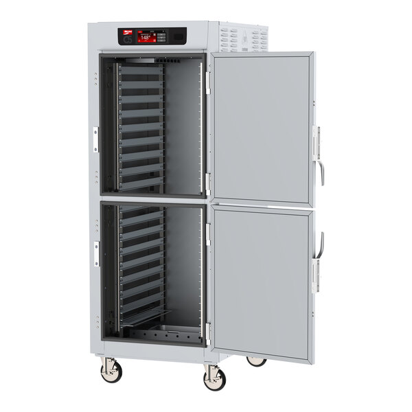 A Metro C5 series stainless steel holding cabinet with two open doors.