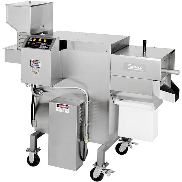 A Cretors hot air popcorn popper machine with stainless steel bowl and control panel on wheels.