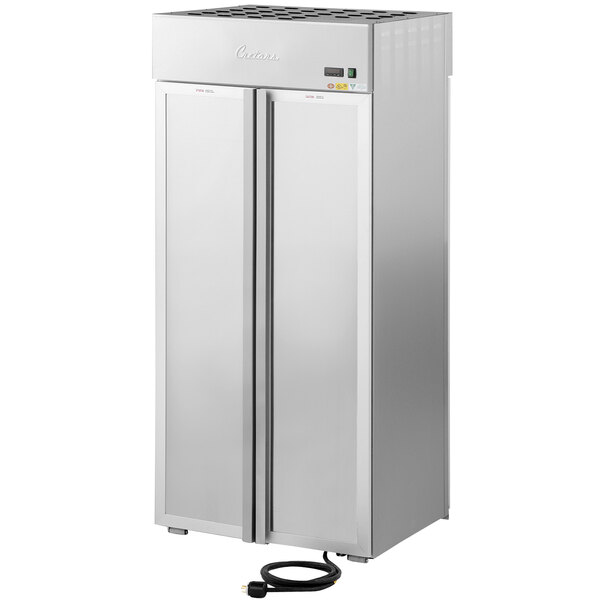 A stainless steel Cretors warming and display cabinet with a glass door.