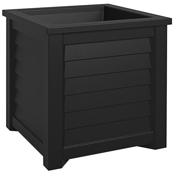 A black square planter box with a square top.