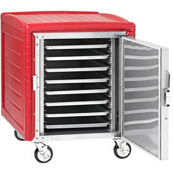 A red and silver Metro C5 half size insulated food cart with a door open.