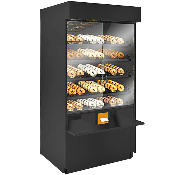 a display case with donuts on it