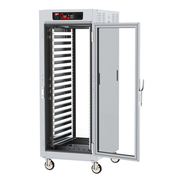 A white metal Metro C5 pass-through holding cabinet with a clear door.