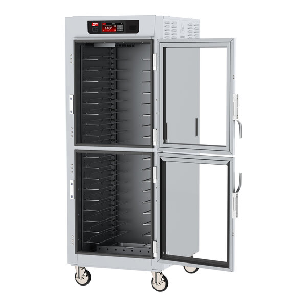 A Metro C5 holding cabinet with clear glass Dutch doors.