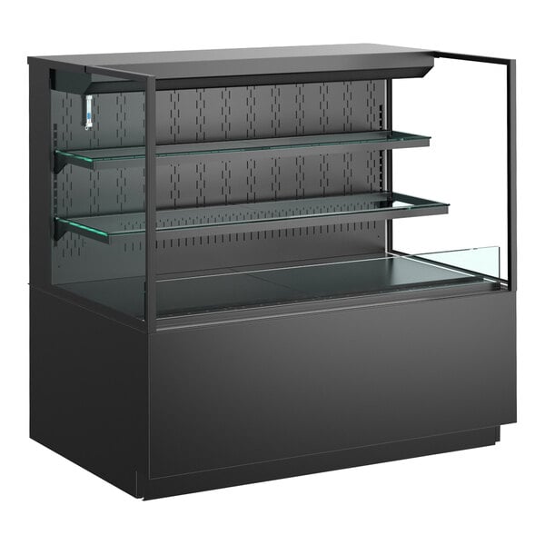 A black Structural Concepts refrigerated self-service air curtain merchandiser with glass shelves.