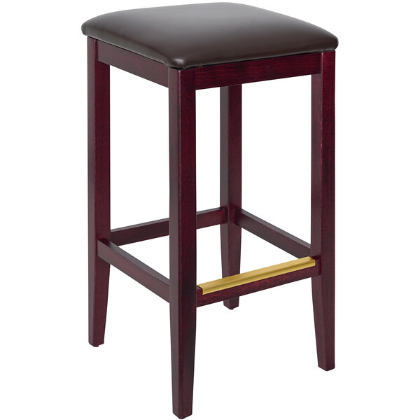 A BFM Seating dark mahogany beechwood barstool with a dark brown cushion on the seat.