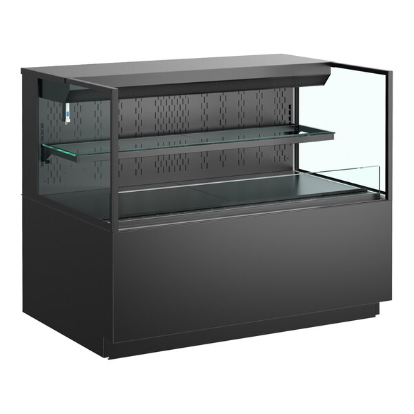 A black Structural Concepts refrigerated self-service air curtain merchandiser with glass shelves.