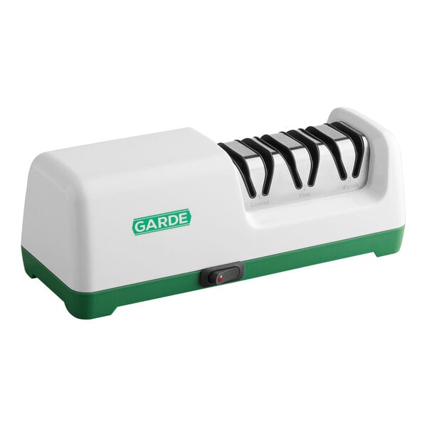 A white and green Garde 3 stage electric knife sharpener.