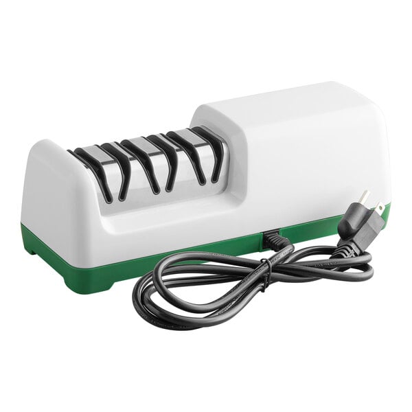 A white and green Garde 3 stage electric knife sharpener on a counter.