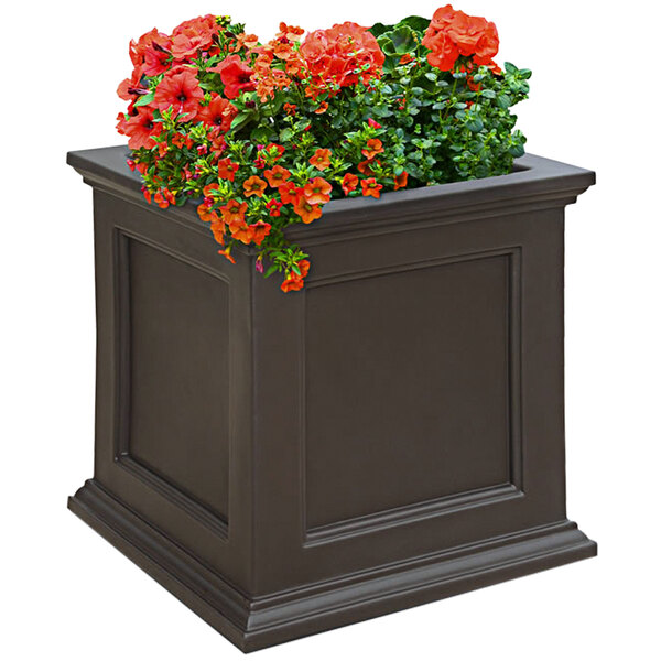 A Mayne Fairfield espresso square planter with orange flowers.