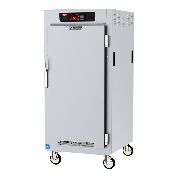 A white Metro C5 holding cabinet with wheels and a metal door.