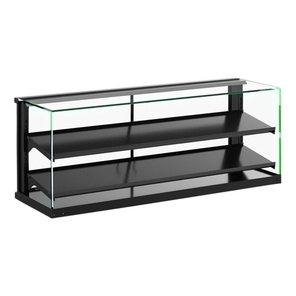 A black Structural Concepts countertop bakery display case with glass shelves.