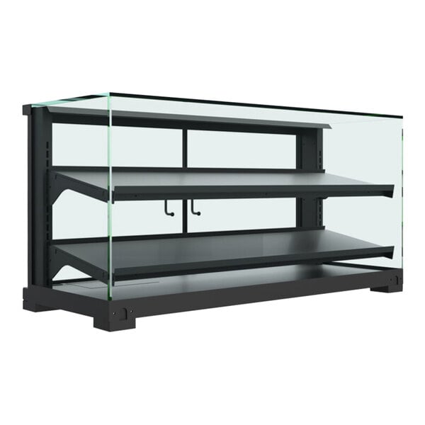 A black display case with glass shelves.