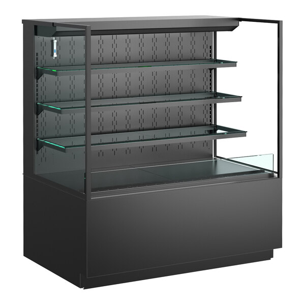 A black Structural Concepts refrigerated self-service display case with glass shelves.
