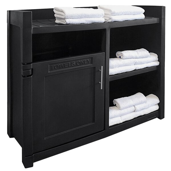 A black Mayne Fairfield towel valet with white towels on the shelf.