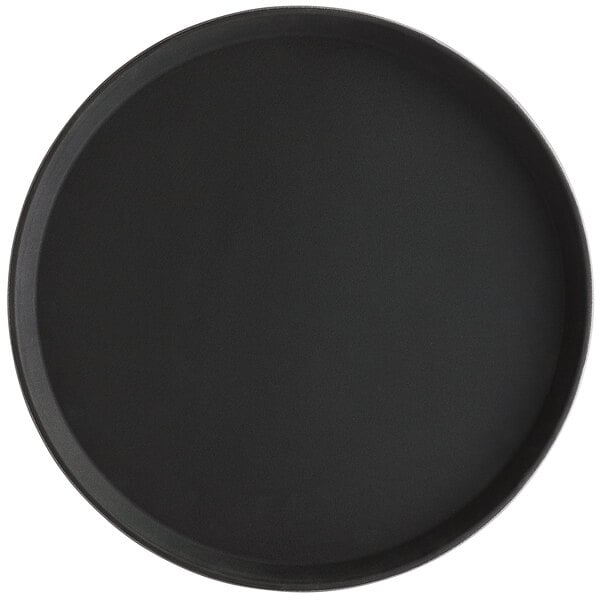 A black round Choice polypropylene non-skid serving tray.