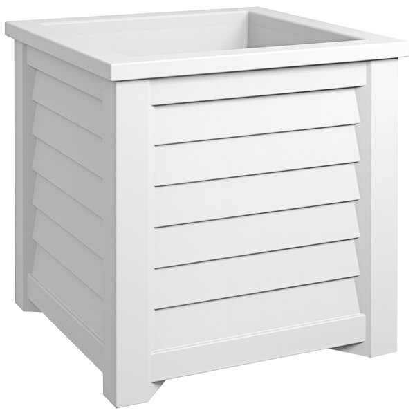 A white rectangular Mayne planter with slats on the sides.
