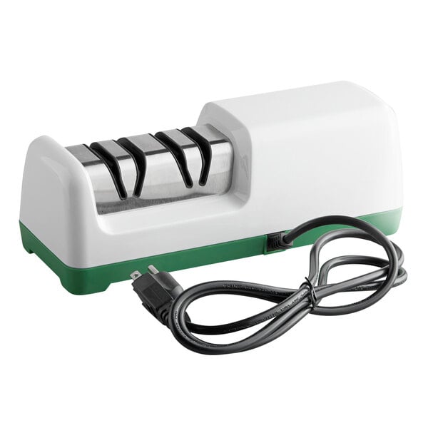 A white and green Garde 2 stage heavy-duty electric knife sharpener with a cord.