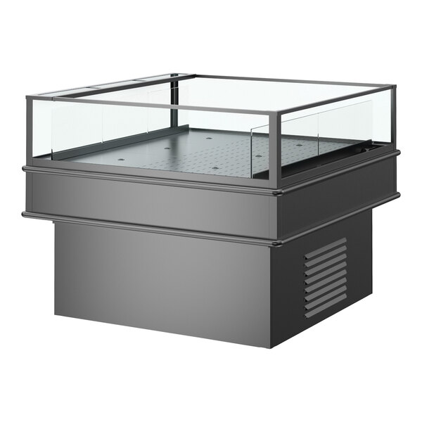 A black rectangular mobile island with a glass top.