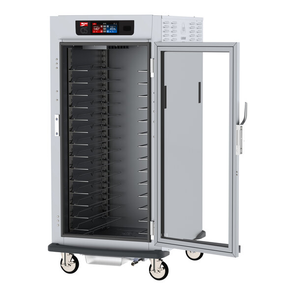 A white metal Metro holding cabinet with clear doors.