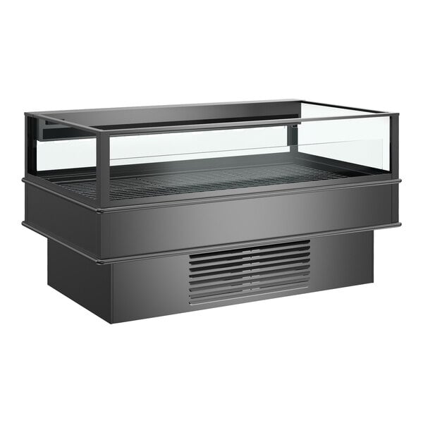 A black Structural Concepts mobile island air curtain merchandiser with a glass top.