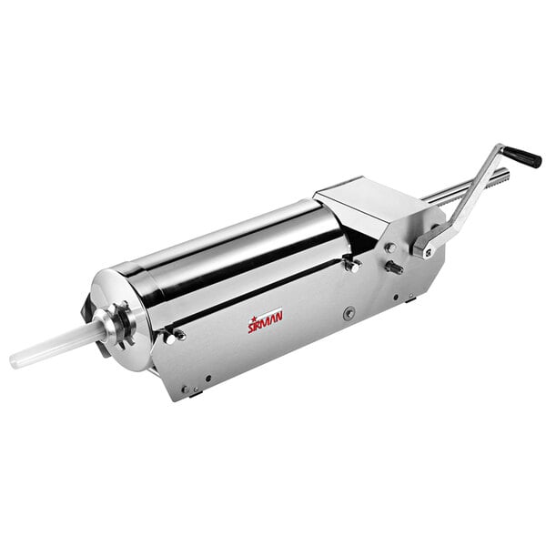 A silver and black Sirman manual horizontal sausage stuffer with a handle.