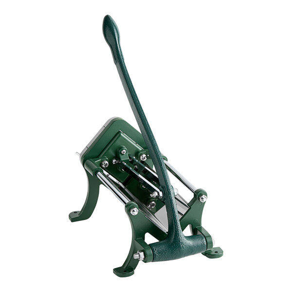 A green manual potato wedge cutter with a long handle and sturdy base for slicing potatoes into wedges.