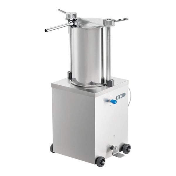 A Sirman hydraulic sausage stuffer on wheels with a cylinder.