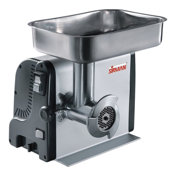 An electric meat grinder with a stainless steel body and tray, labeled with the Sirman brand.