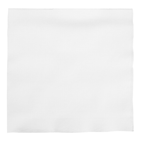 A white linen-feel dinner napkin measuring 15 1/2 by 15 1/2 inches.
