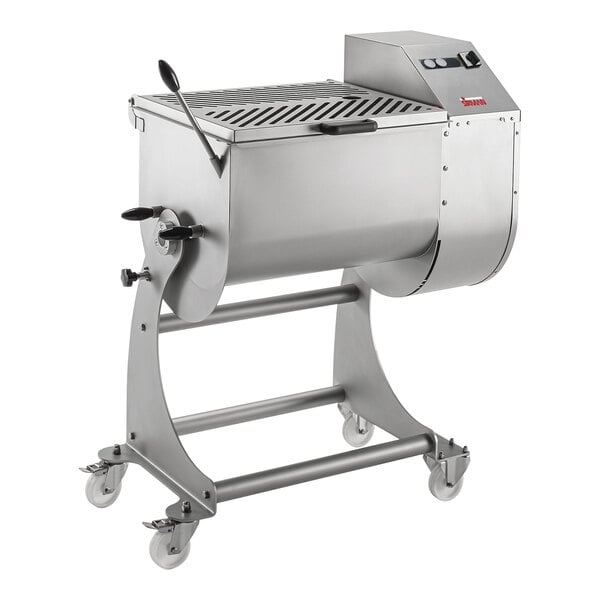 A large stainless steel Sirman electric meat mixer.