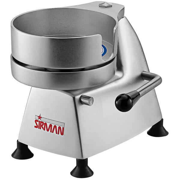 A Sirman stainless steel hamburger patty press with a round container.