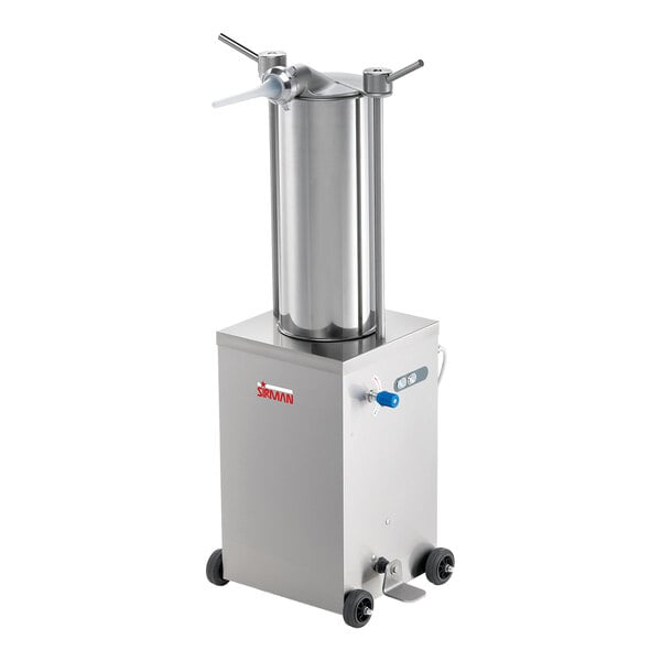 A stainless steel hydraulic sausage stuffer with a cylindrical chamber and wheeled base.