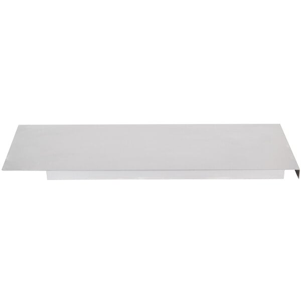 A white rectangular metal shelf with a metal edge on top.