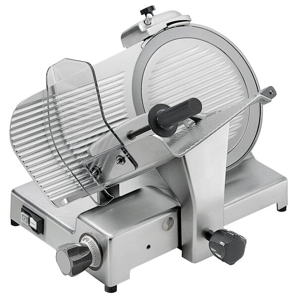 A silver Sirman Canova heavy-duty manual meat slicer with a plastic cover over the blade.