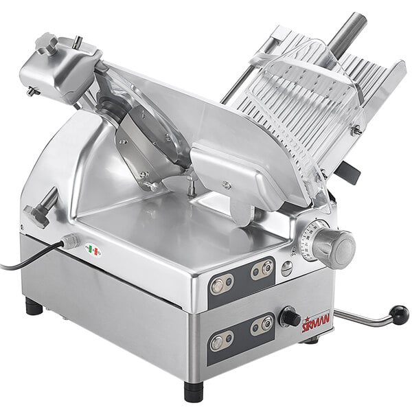 A Sirman Canova heavy-duty automatic meat slicer with a metal blade slicing meat.