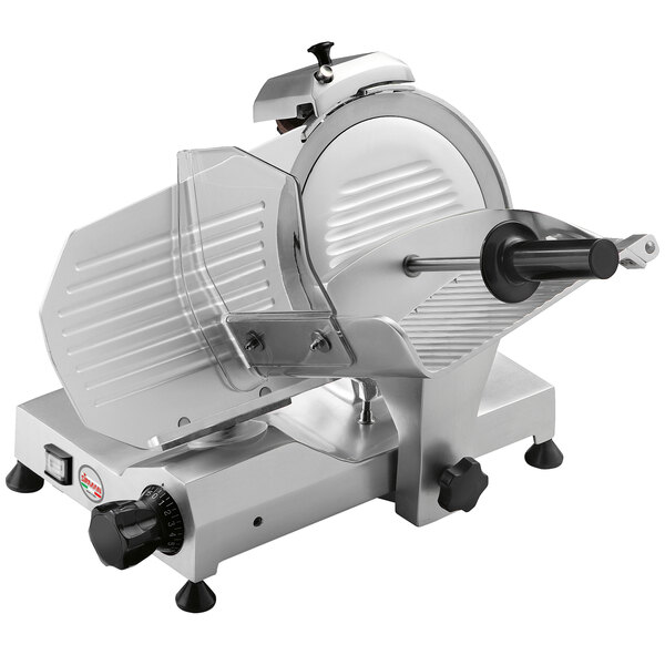 A silver Sirman manual gravity feed meat slicer.