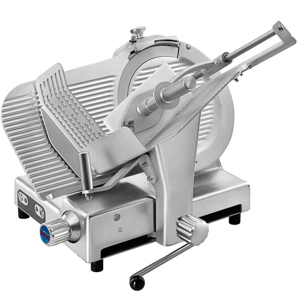 A Sirman Palladio meat slicer with a circular blade on a stand.