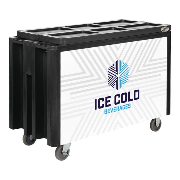 A black and white Arctic mobile cooler with black wheels.