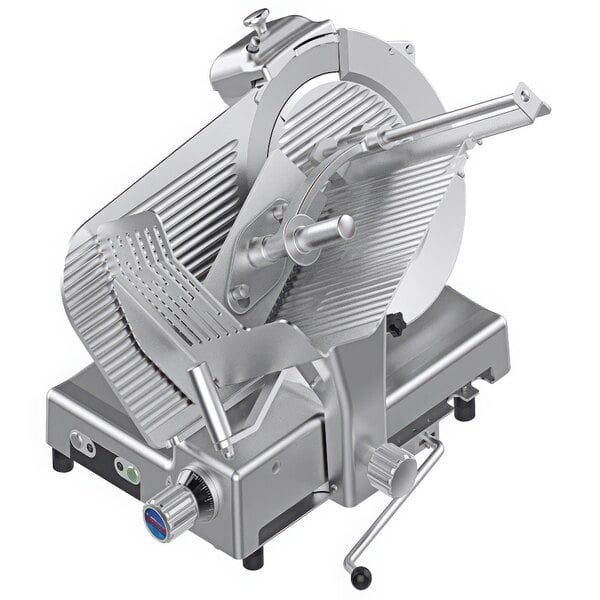A silver Sirman manual meat slicer with a circular blade on top.