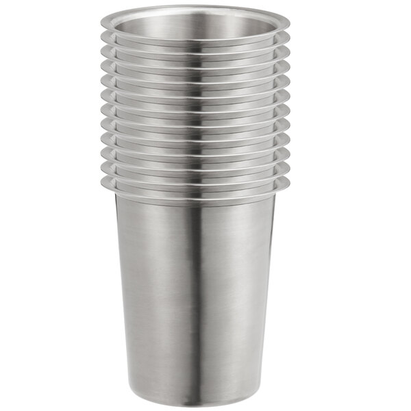 A stainless steel cylinder with a stack of solid stainless steel flatware holders inside.