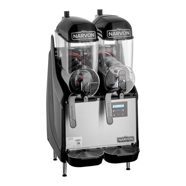 A double-tank frozen beverage machine with two clear containers, black lids, and dispensing levers, featuring a digital control panel on the front.