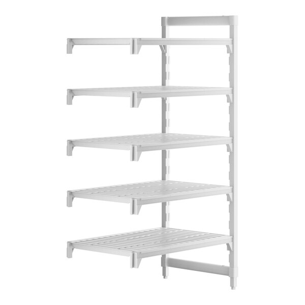 A white Cambro Camshelving® Premium add on unit with four shelves.