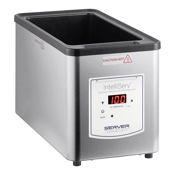 A stainless steel digital food warmer with a rectangular opening and control panel on the front.