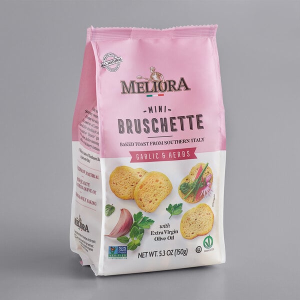 A bag of Meliora Garlic Herb Mini Bruschette Toast crackers.