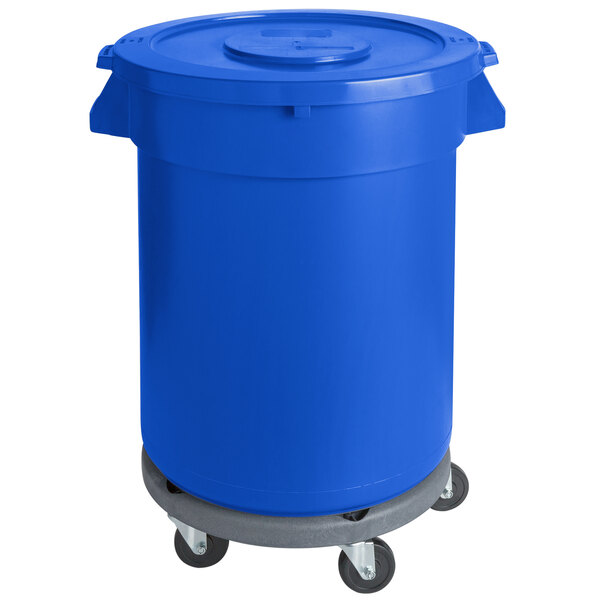 A blue plastic bin on wheels with a lid.